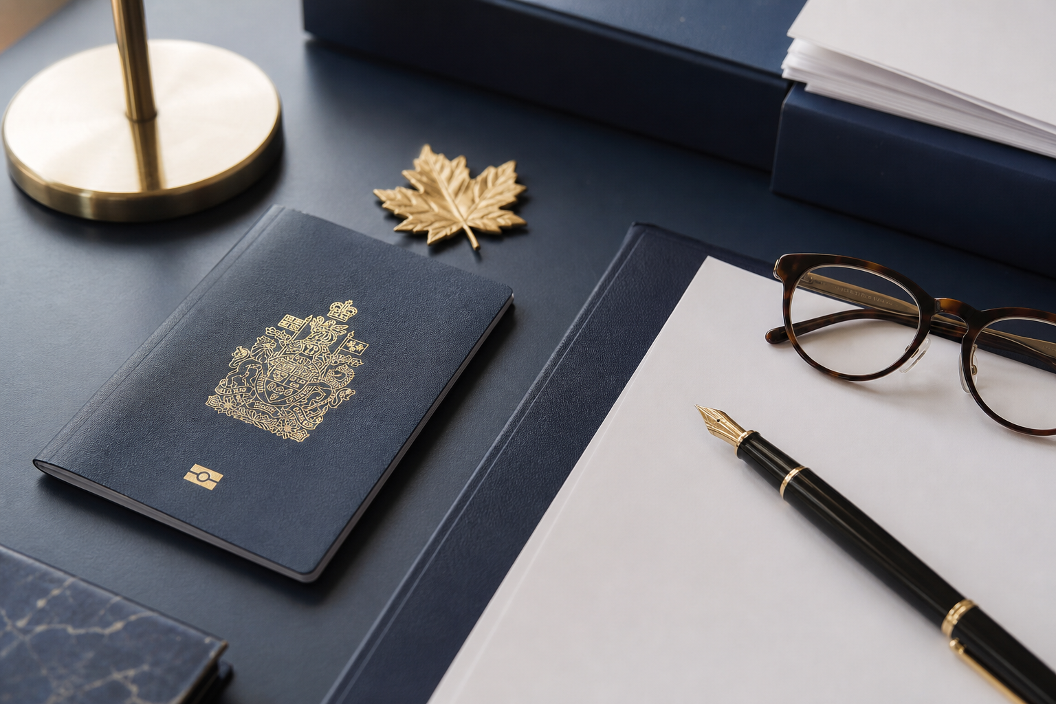 Canadian passport, documents and a gold maple leaf on a desk